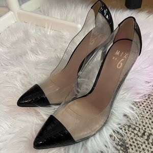 Clear and black crocodile patent leather heels